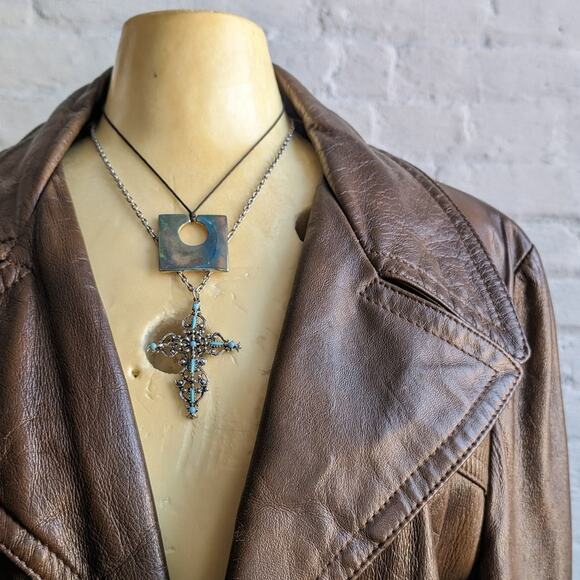 Vintage Brown Leather Jacket Western Trench Coat Earthy Cowboy Minimalist Coat L - Picture 7 of 10